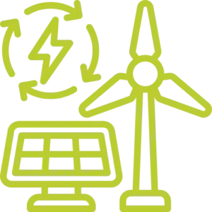 Line drawing showing a wind turbine beside a solar panel and a circular renewable energy symbol, representing clean power sources.