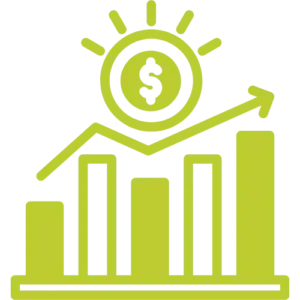 Green bar chart with an upward trending line and a sun-like coin symbol, conveying financial growth/profit increase.