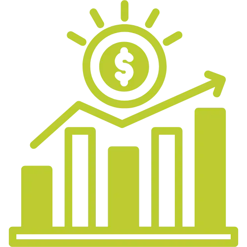 Green bar chart with an upward trending line and a sun-like coin symbol, conveying financial growth/profit increase.