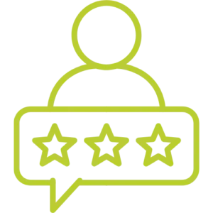 User profile icon with a speech bubble containing three stars, indicating a rating or review.