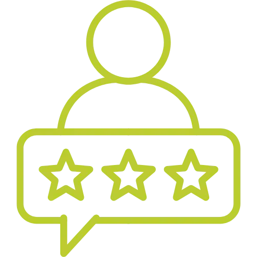User profile icon with a speech bubble containing three stars, indicating a rating or review.