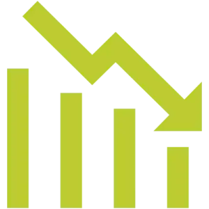 Green bar chart with a descending arrow indicating a drop in metrics/performance.